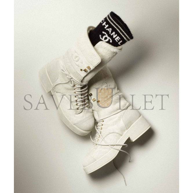 CHANEL LACE-UPS 		CALFSKIN, KNIT & SUEDE CALFSKIN			WHITE & BLACK G39506 Y56127 K4955