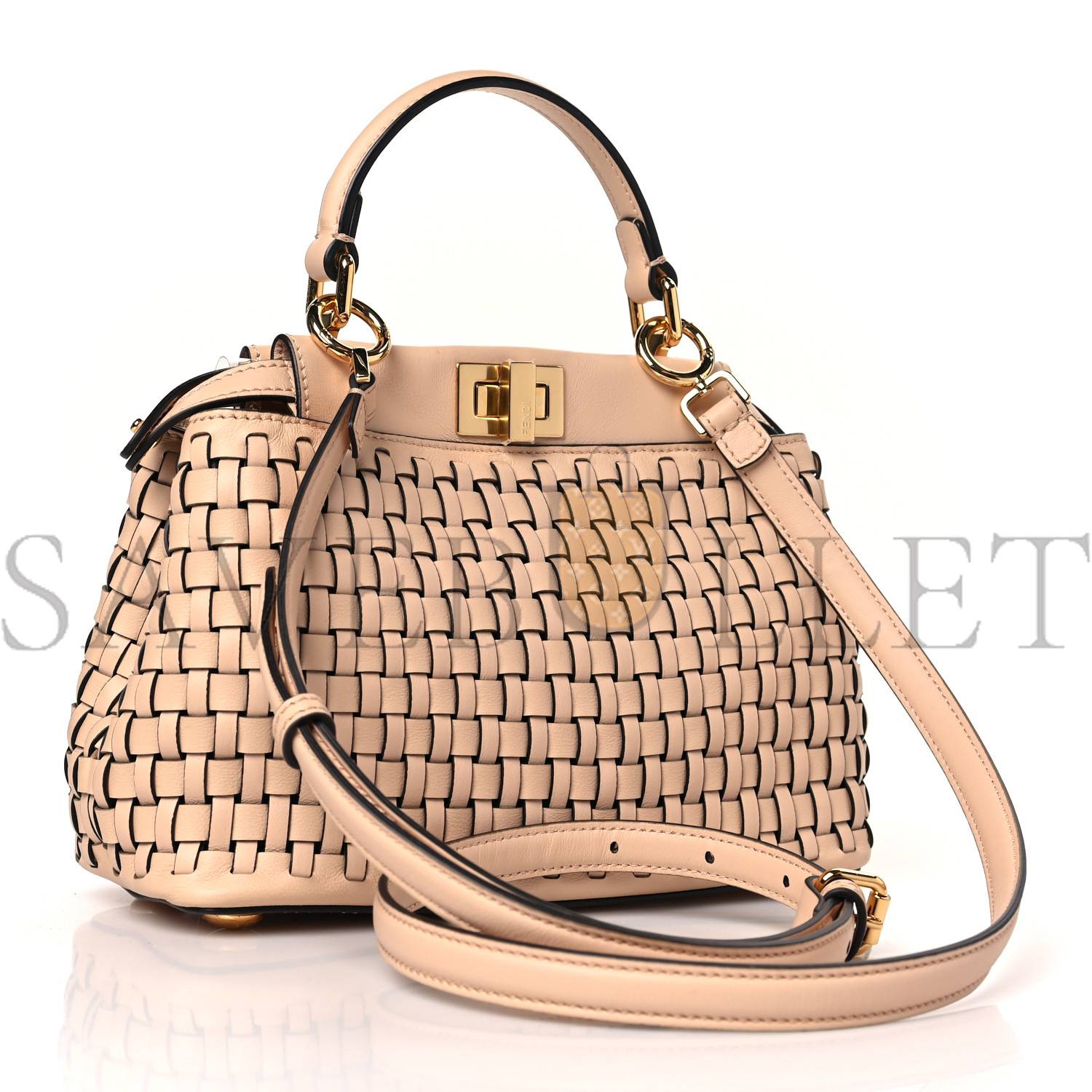 FENDI VITELLO GRACE INTRECCIO MINI PEEKABOO ICONIC SATCHEL LIGHT ROSE (23*18*10cm)