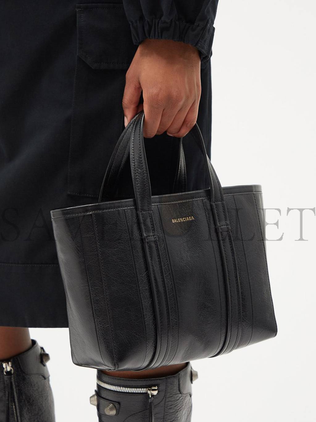 BALENCIAGA BLACK BARBES S CRINKLED-LEATHER TOTE MATCHESFASHION US (23.5*20*10cm)