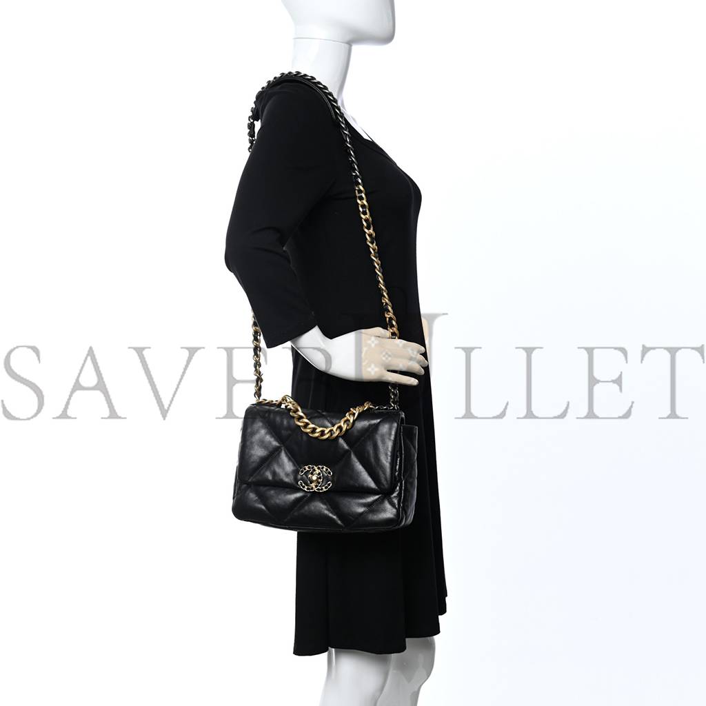 CHANEL GOATSKIN QUILTED MEDIUM CHANEL 19 FLAP BLACK GOLD HARDWARE (25*17*8cm)