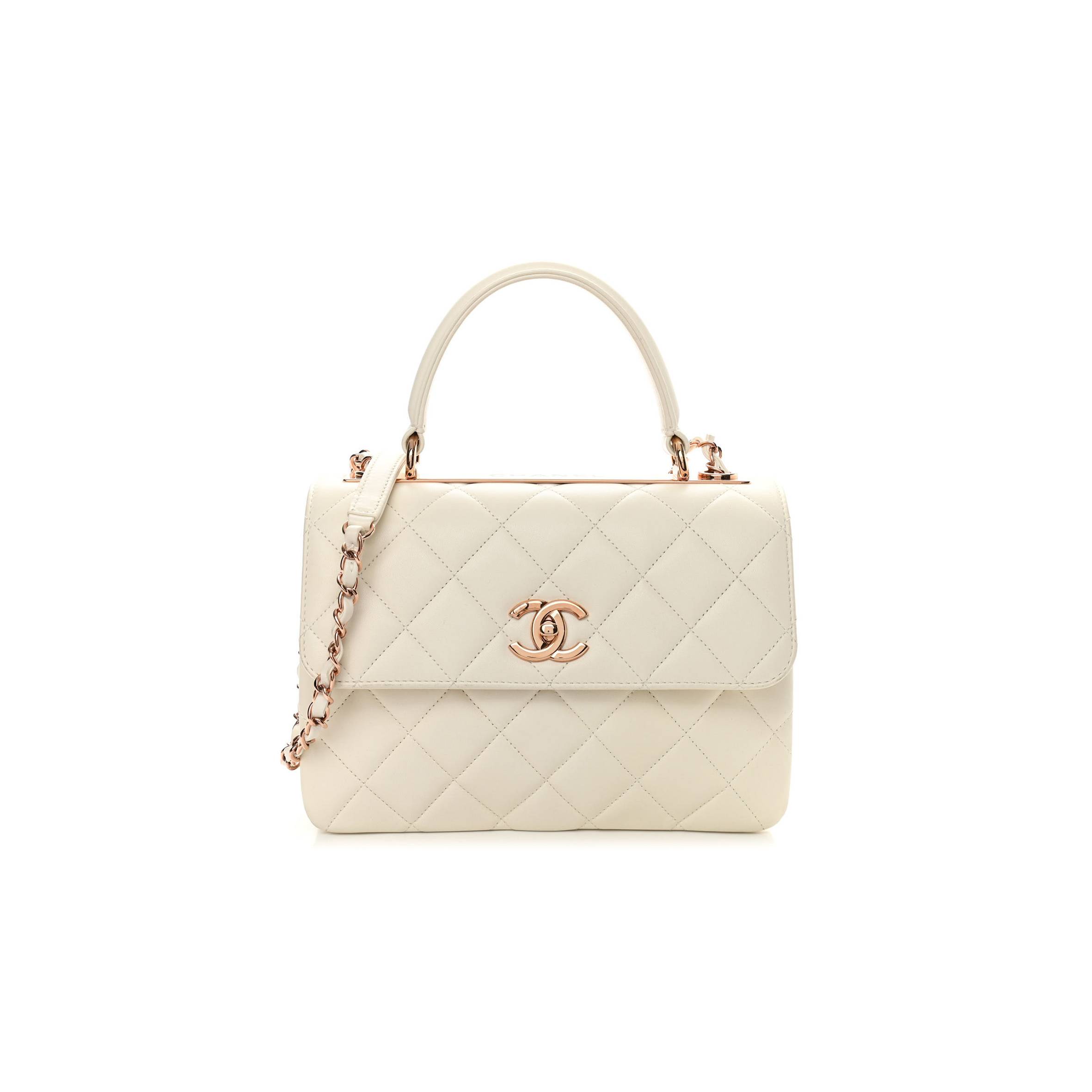 CHANEL LAMBSKIN QUILTED SMALL TRENDY CC DUAL HANDLE FLAP BAG WHITE ROSE GOLD HARDWARE (25*17*6cm)