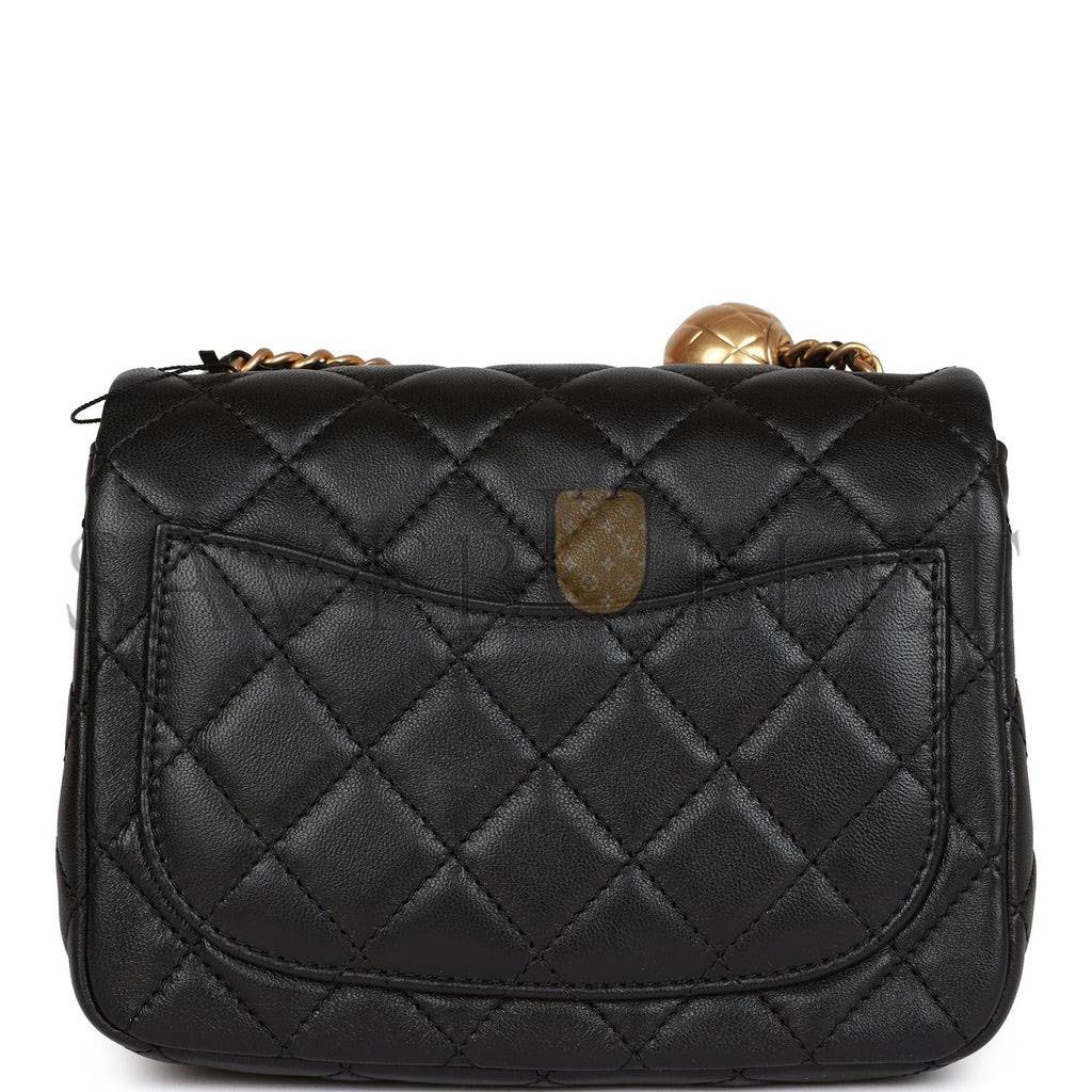 CHANEL PEARL CRUSH MINI SQUARE FLAP BAG BLACK LAMBSKIN ANTIQUE GOLD HARDWARE  (17*14*8cm)