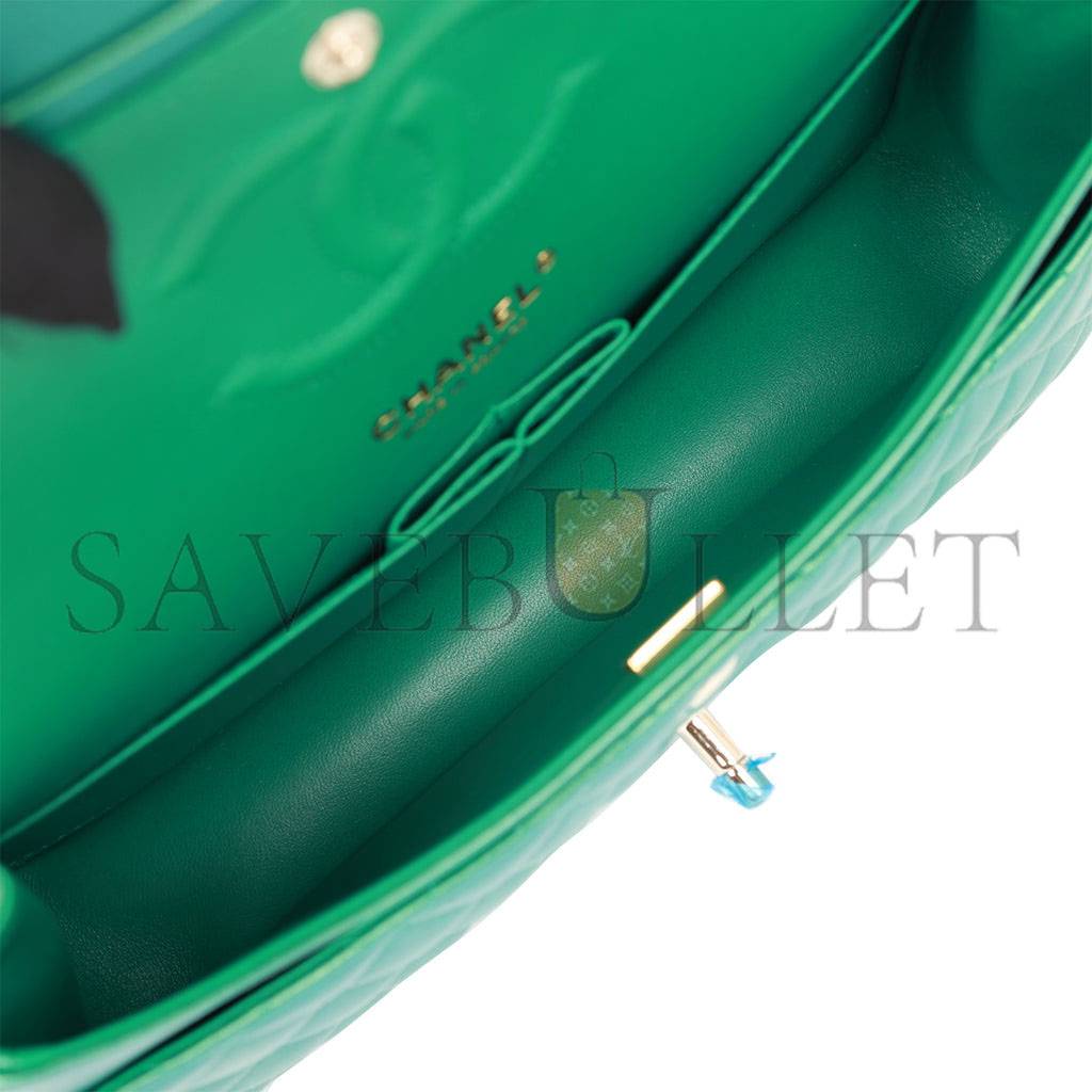 CHANEL MEDIUM CLASSIC DOUBLE FLAP BAG GREEN IRIDESCENT LAMBSKIN LIGHT GOLD HARDWARE (25*15*7cm)