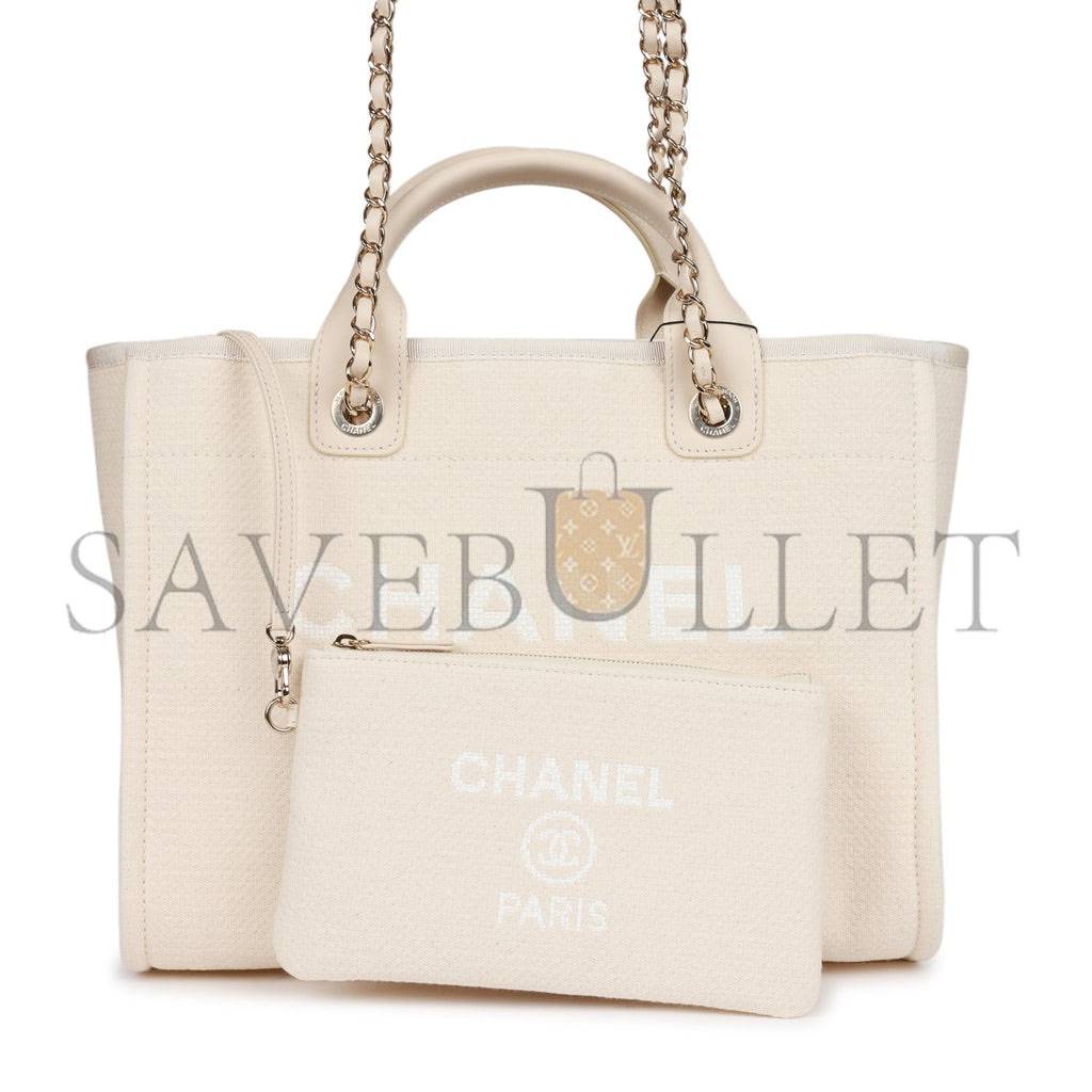 CHANEL LARGE DEAUVILLE SHOPPING BAG WHITE BOUCLE LIGHT GOLD HARDWARE (41*28*15cm)