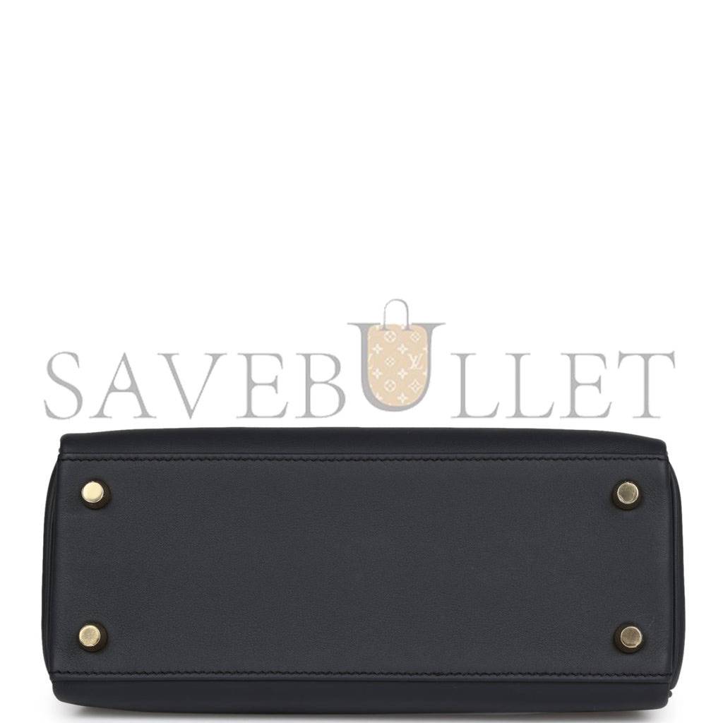 HERMES COLORMATIC KELLY RETOURNE 25 CABAN, BLACK AND CHAI SWIFT GOLD HARDWARE HANDMADE (25cm)