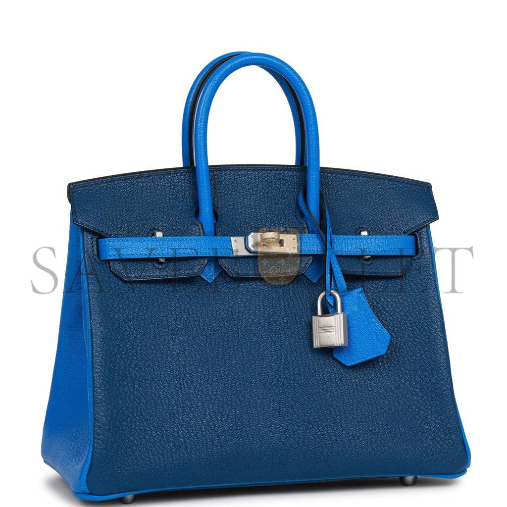 HERMES SPECIAL ORDER (HSS) BIRKIN 25 BLEU HYDRA AND BLEU SAPHIR CHÈVRE BRUSHED PALLADIUM HARDWARE HANDMADE  (25cm)