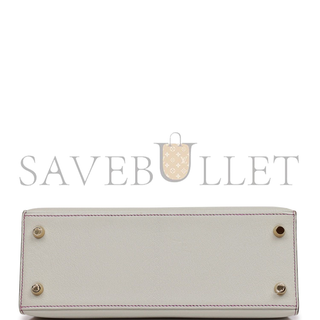 HERMES SPECIAL ORDER (HSS) KELLY SELLIER 25 GRIS PERLE AND ANEMONE CHEVRE BRUSHED GOLD HARDWARE HANDMADE(25*17*7cm)